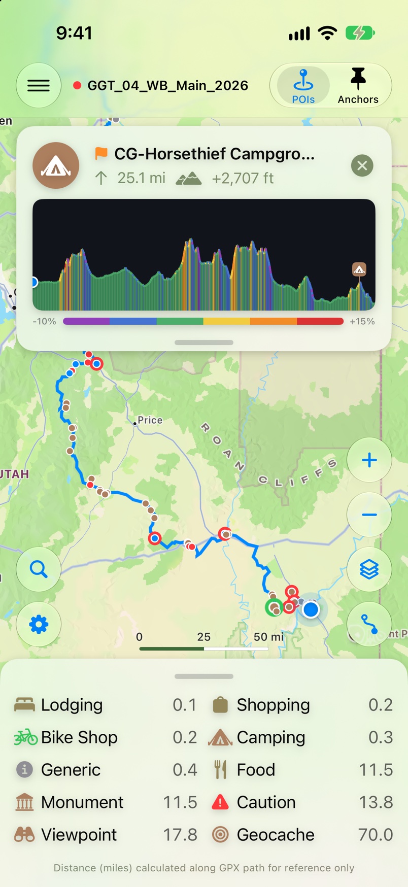 POI Navigator on the Great Gravel Trail out of Moab, with a campground set as the goal and the climb to it