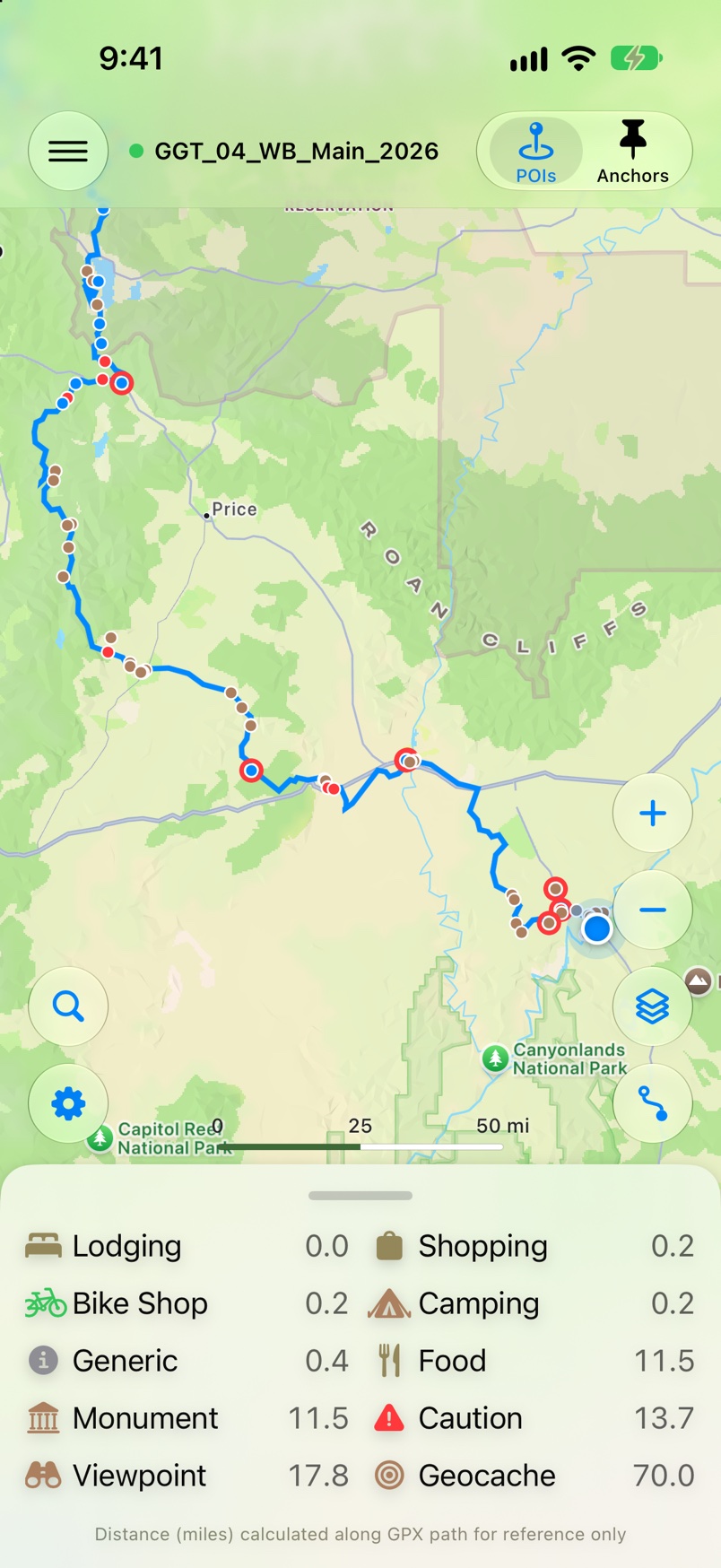 The whole route with the next POI of each kind highlighted
